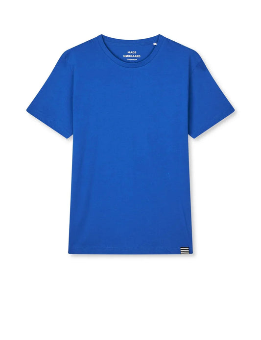 Blå herr t-shirt i bomull med rund hals och kort ärm, klassiskt snitt.