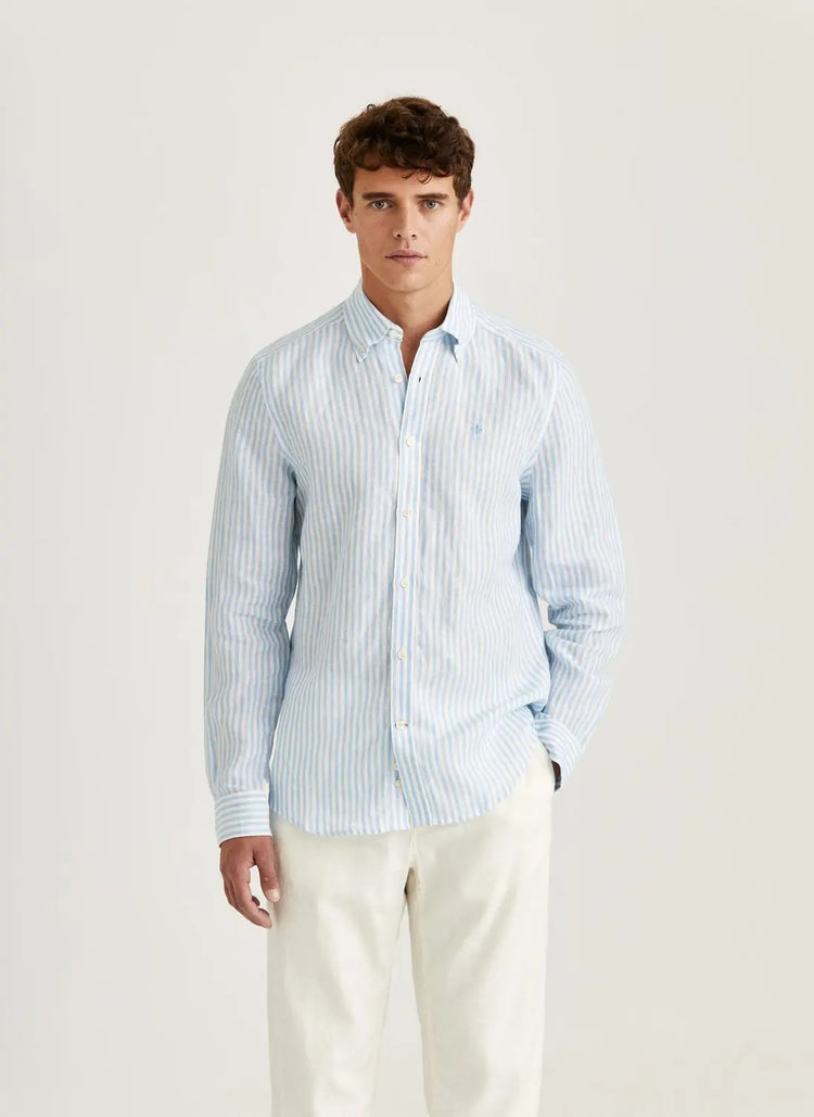 Douglas Linen Stripe Shirt-Classic Fit - 56 Blue