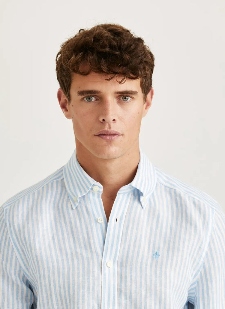 Douglas Linen Stripe Shirt-Classic Fit - 56 Blue