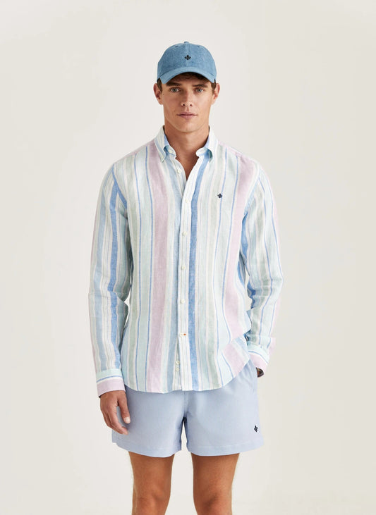 Happy Linen Stripe Shirt-Classic Fit - 67 Turquoise