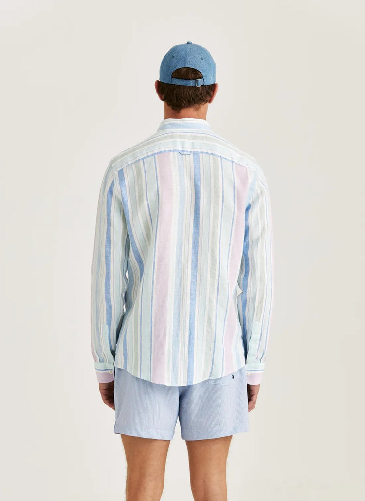 Happy Linen Stripe Shirt-Classic Fit - 67 Turquoise