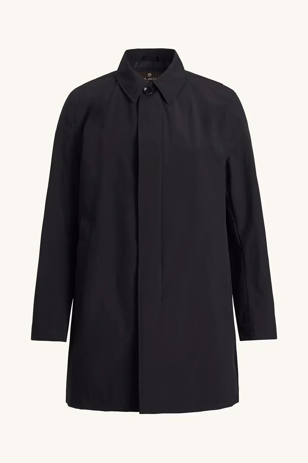 Mörkblå klassisk car coat för herr med krage och dold knappslå, mot vit bakgrund.