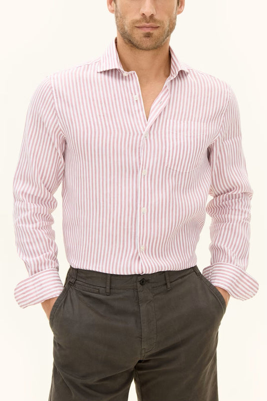 Reg Fit Wide Spread Linen Venetian Stripe Shirt - 685 Light Faded Pink
