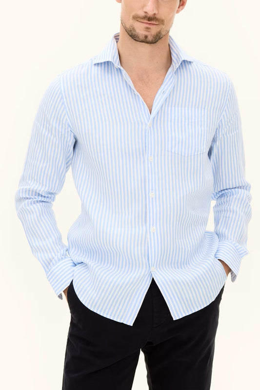 Reg Fit Wide Spread Linen Venetian Stripe Shirt - 289 Smog Blue