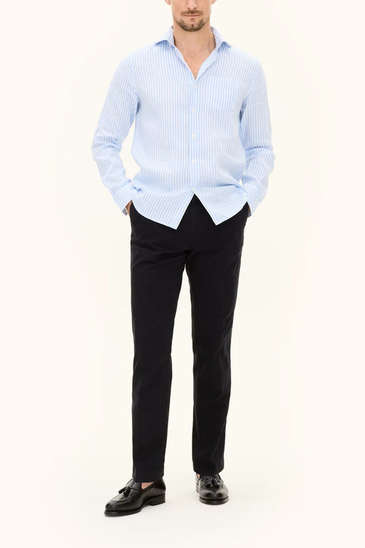 Reg Fit Wide Spread Linen Venetian Stripe Shirt - 289 Smog Blue