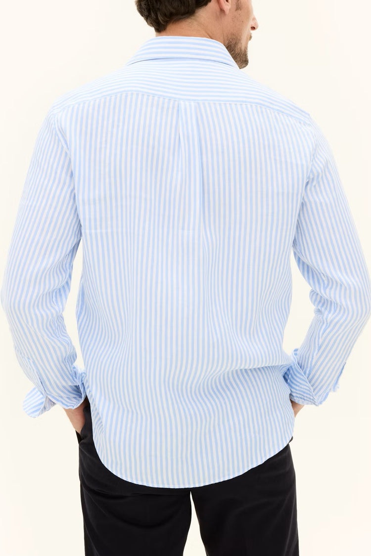 Reg Fit Wide Spread Linen Venetian Stripe Shirt - 289 Smog Blue