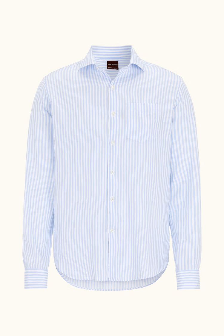 Reg Fit Wide Spread Linen Venetian Stripe Shirt - 289 Smog Blue