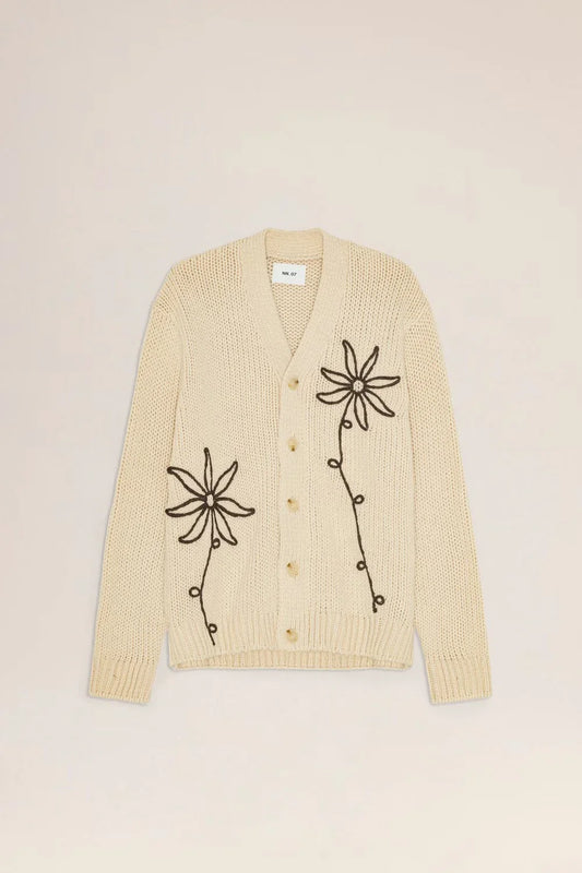 NN07 beige kofta herr med svarta blommönster, stickad cardigan