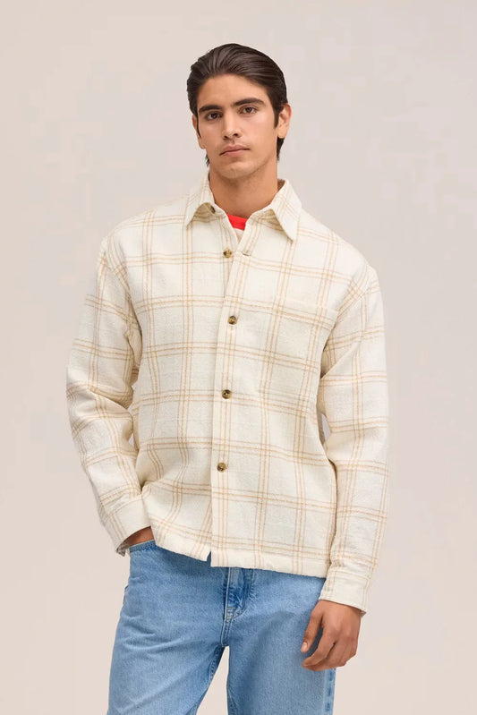 Beige rutig overshirt herr, knappstängning, lång ärm