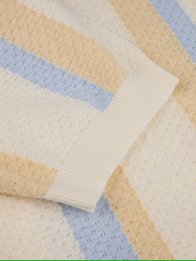 Polo Shirt Knitted Stripe Textured Hemp Cotton - 052 Offwhite stripe