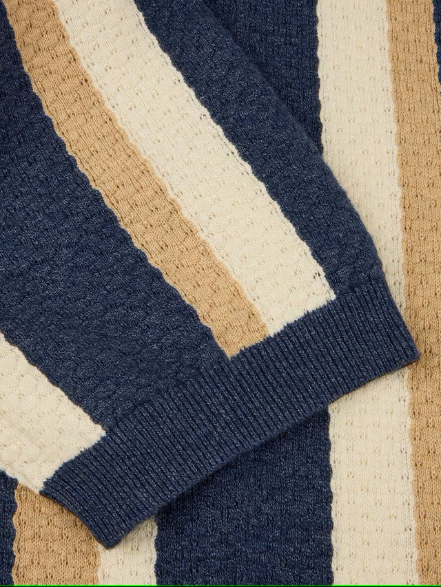 Polo Shirt Knitted Stripe Textured Hemp Cotton - 152 Blue stripe