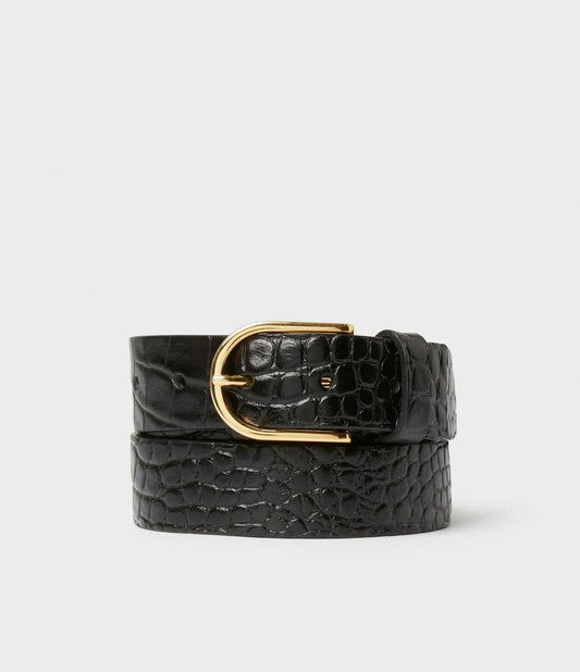 Svart läderbälte herr krokodilpräglat med guldfärgat spänne