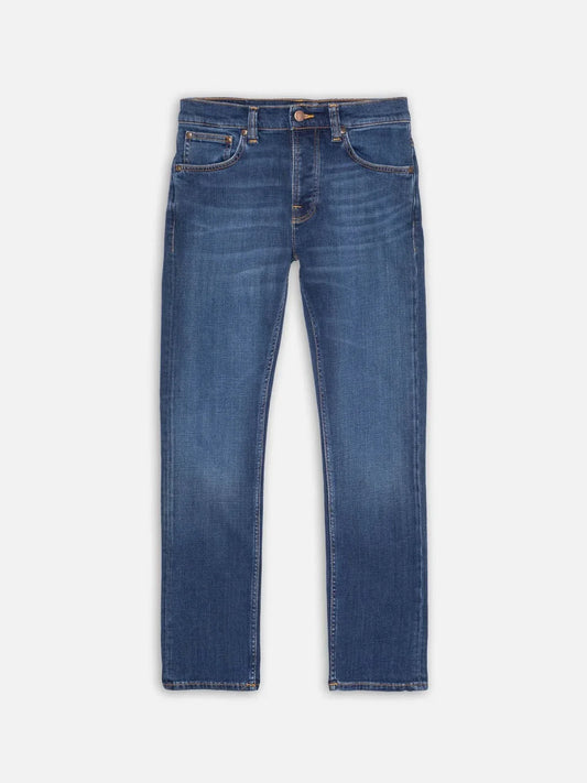 Herrjeans i mellanblå denim, rak passform, klassisk femficksdesign, flatlay-bild