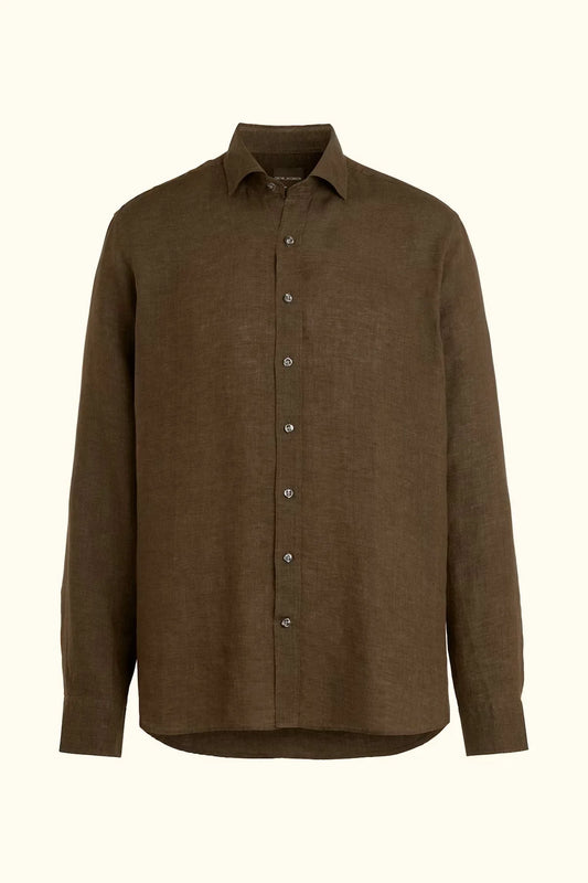 Oscar Jacobson brun linneskjorta herr regular fit cut away