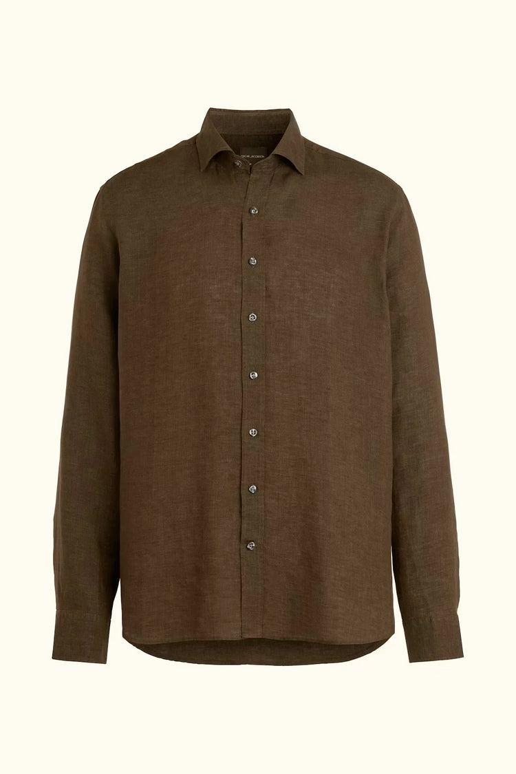 Oscar Jacobson brun linneskjorta herr regular fit cut away