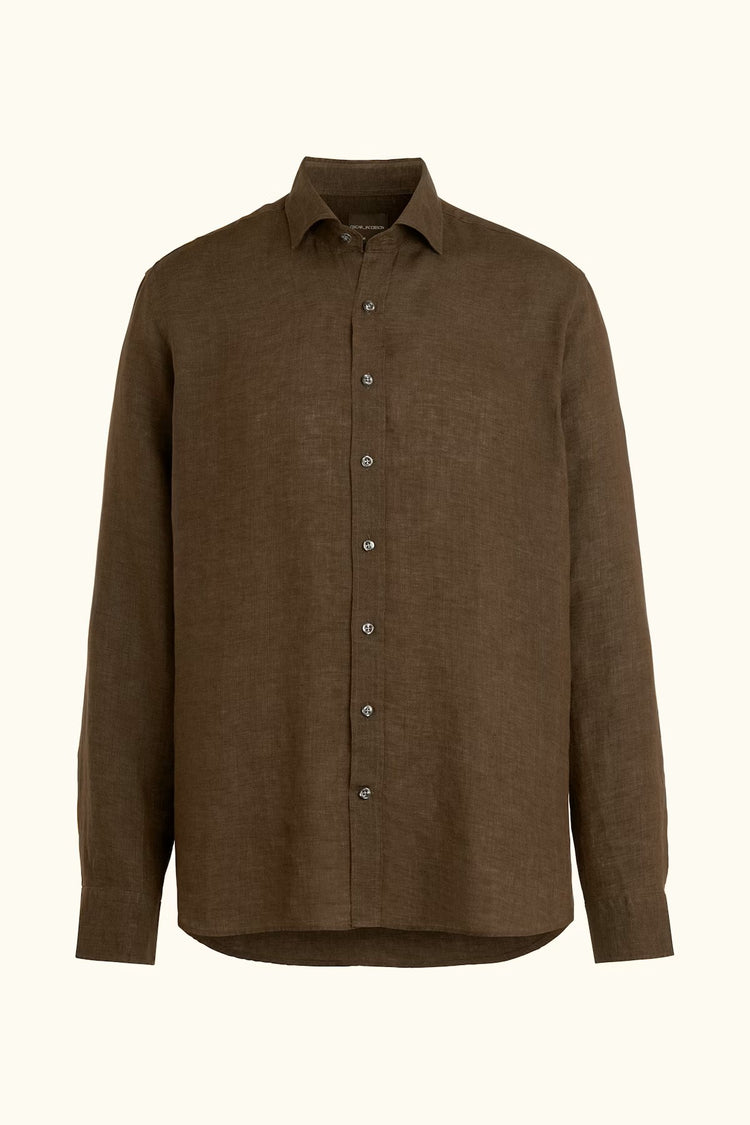 Reg Fit Cut Away Linen Shirt - Brown Elk
