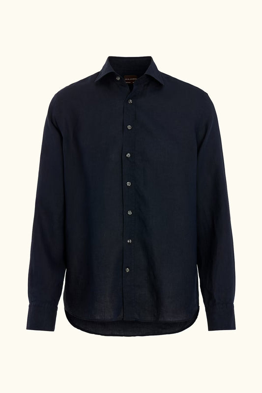 Reg Fit Cut Away Linen Shirt - 210 Navy