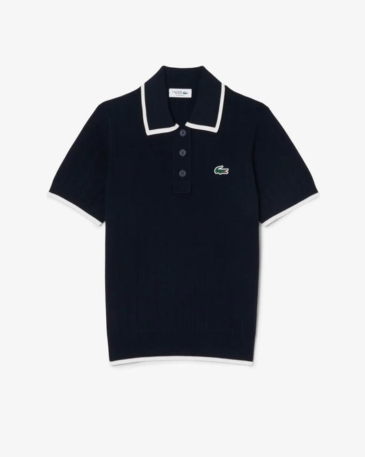 Lacoste marinblå stickad pikétröja herr med vit kant och kort ärm
