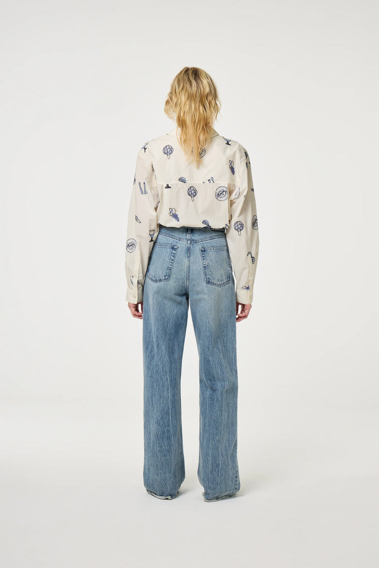 Lilot Blouse beige skjorta med blå mönster, långärmad damblus