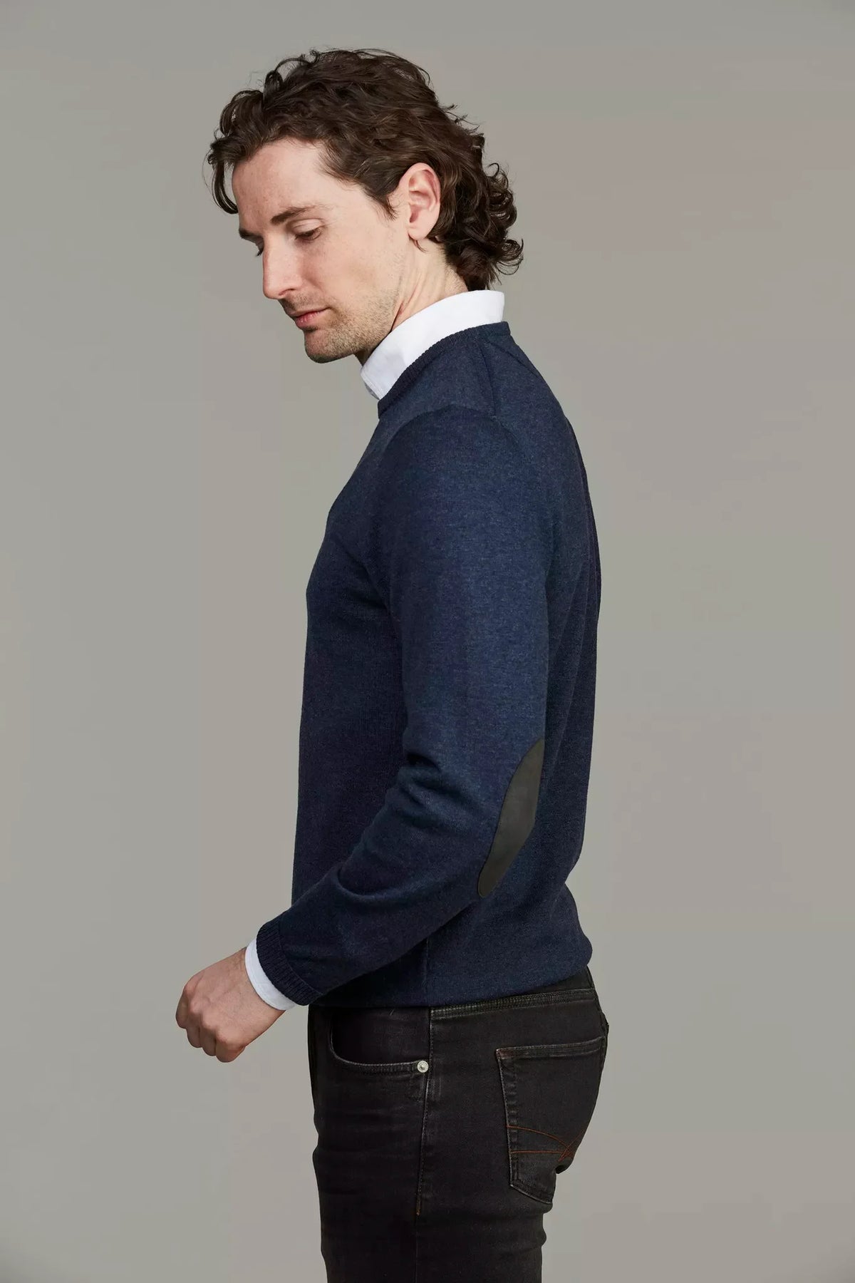Hansen & Jacob Crew Neck Sweater E-Patch mörkblå tröja herr