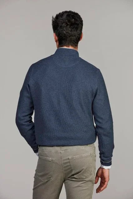 Hansen & Jacob Half Zip Structure Knit blå tröja herr