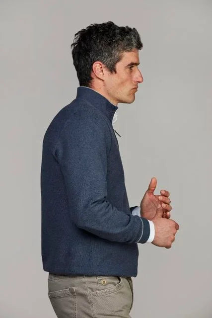 Hansen & Jacob Half Zip Structure Knit blå tröja herr