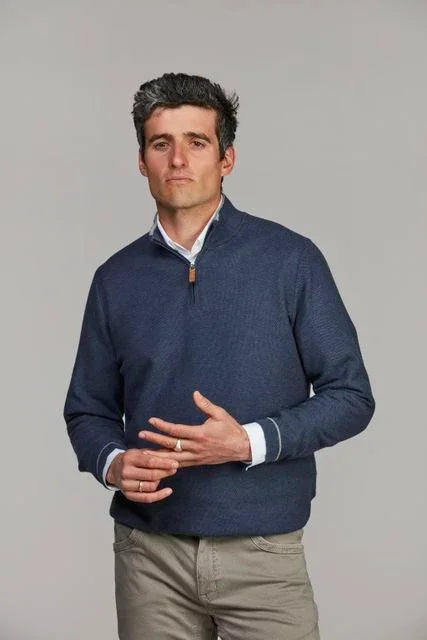 Hansen & Jacob Half Zip Structure Knit blå tröja herr