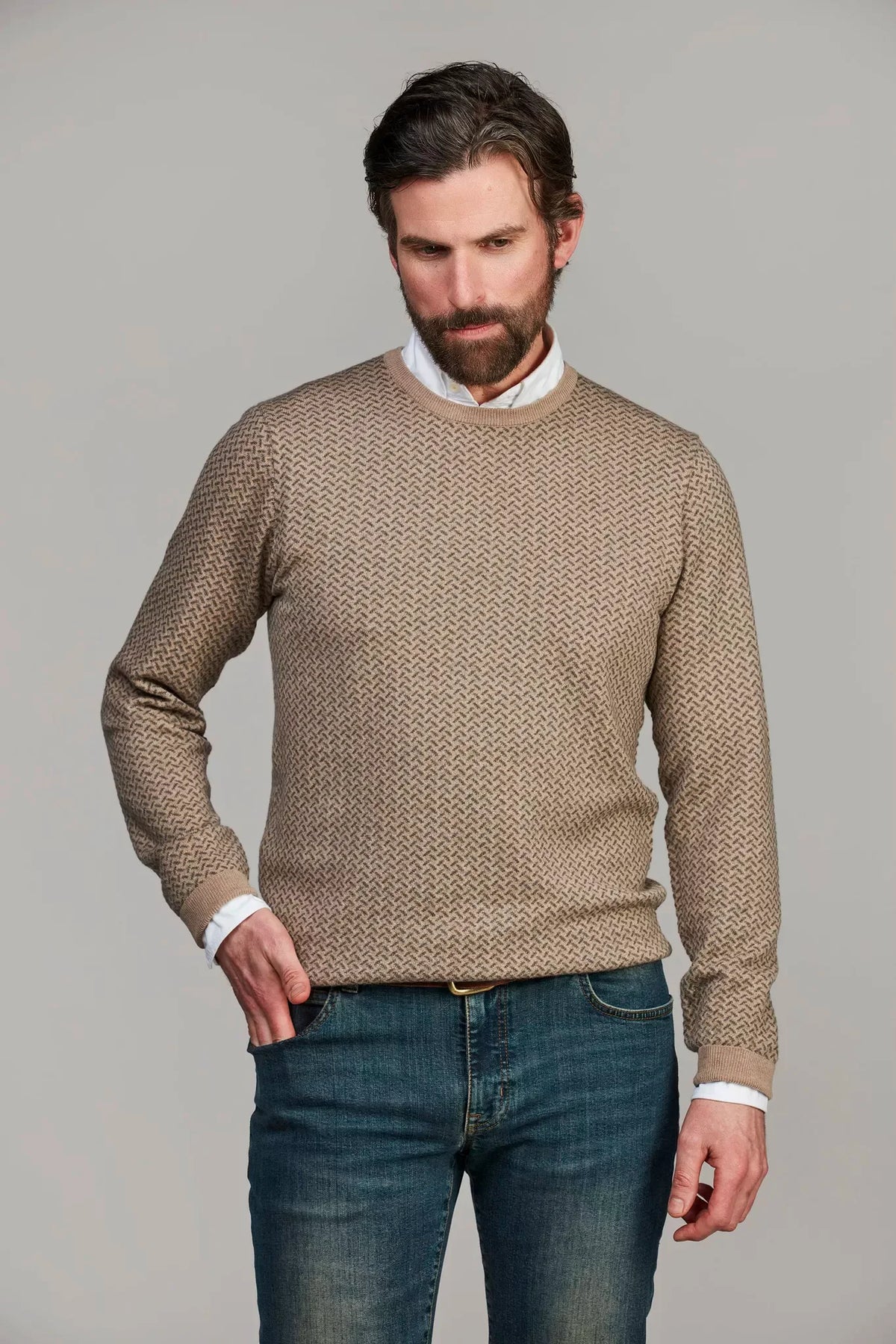 Hansen & Jacob 2Tone Contrast Knit beige stickad tröja herr
