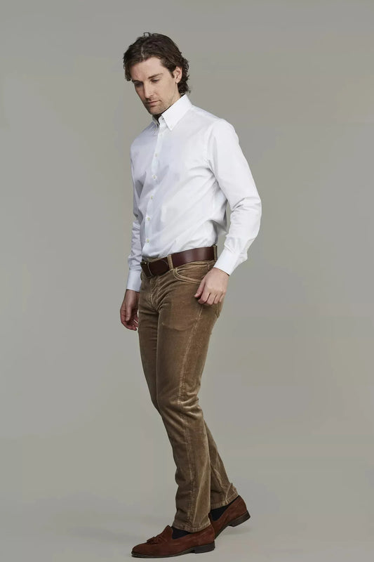 Hansen and Jacob herr byxor – beige manchesterbyxa med fem fickor