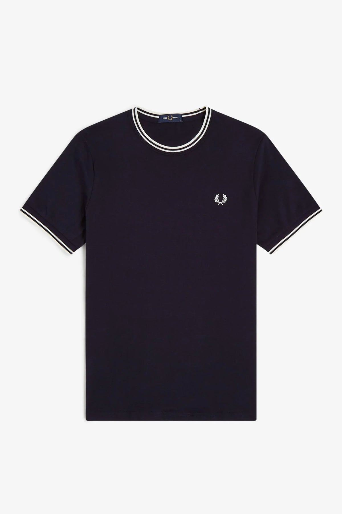 Fred Perry marinblå t-shirt herr med vit logga och vita detaljer