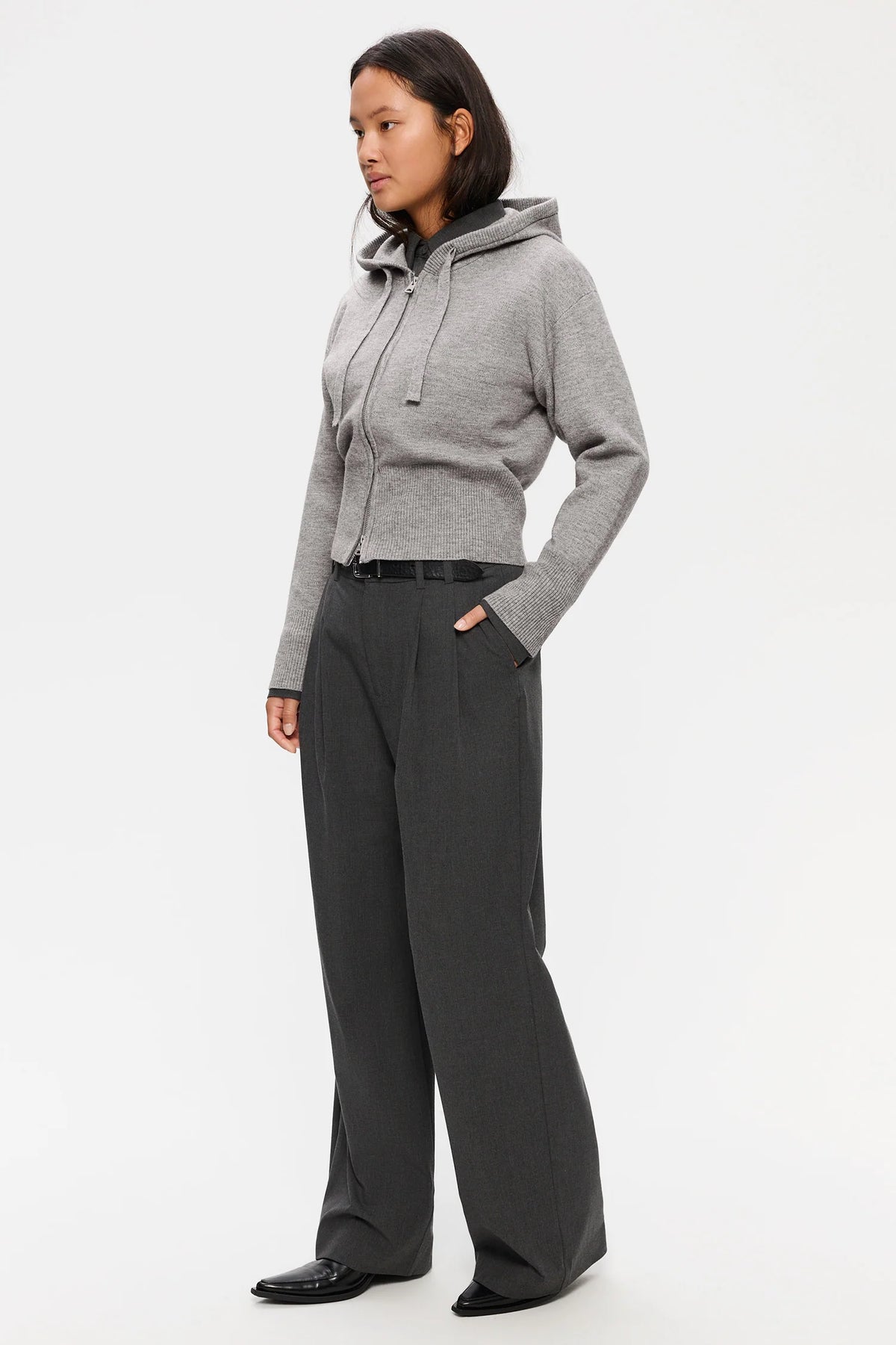 Minva stickad hoodie - Grey melange