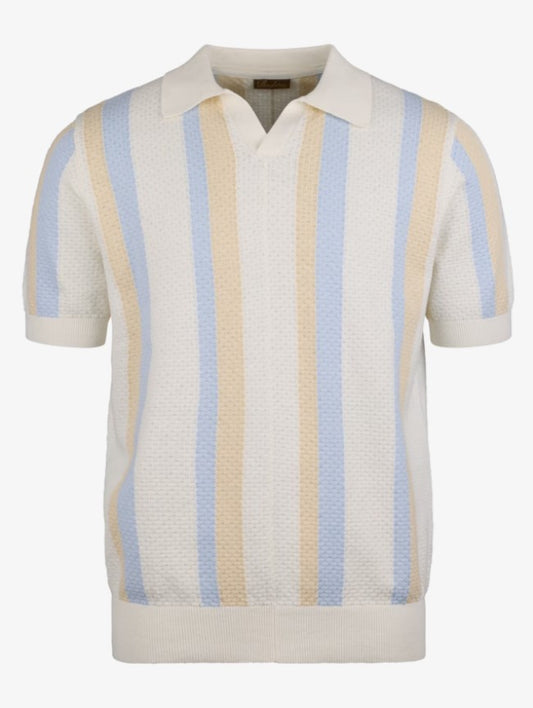 Polo Shirt Knitted Stripe Textured Hemp Cotton - 052 Offwhite stripe