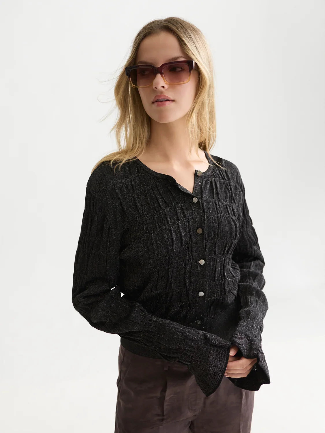 Smock stitch crew neck cardigan - Meteorite – bild 3