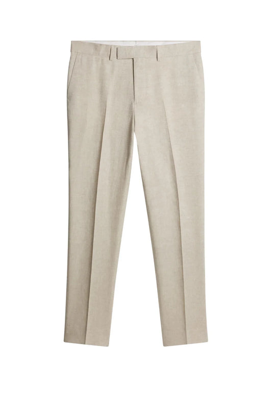 Beige herrbyxor i linne, klassisk rak modell, pressveck, stilrena sommarbyxor