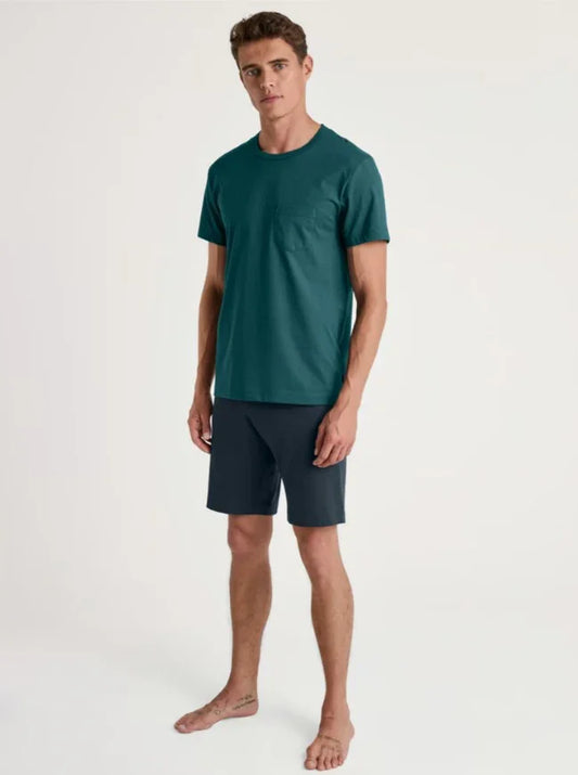 Man i grönt t-shirt och mörka shorts, stående mot ljus bakgrund, herrkläder mode