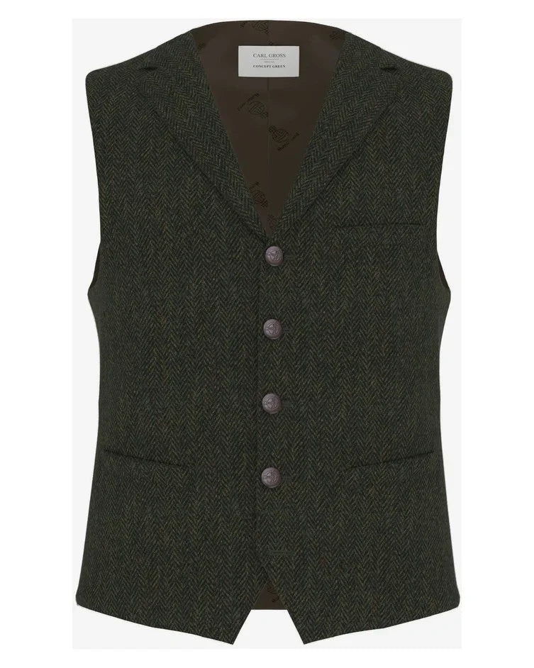 Carl Gross väst Warner-G-HT i mörkgrön Harris Tweed med fiskbenmönster