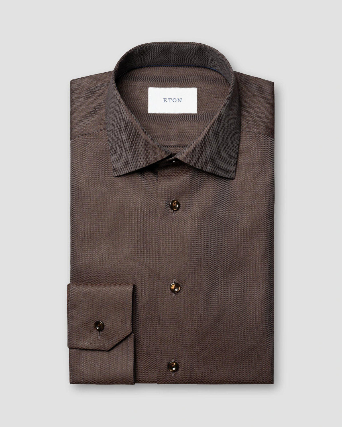 Eton Signature Twill-skjorta i fiskbensmönster Slim - Mörkbrun