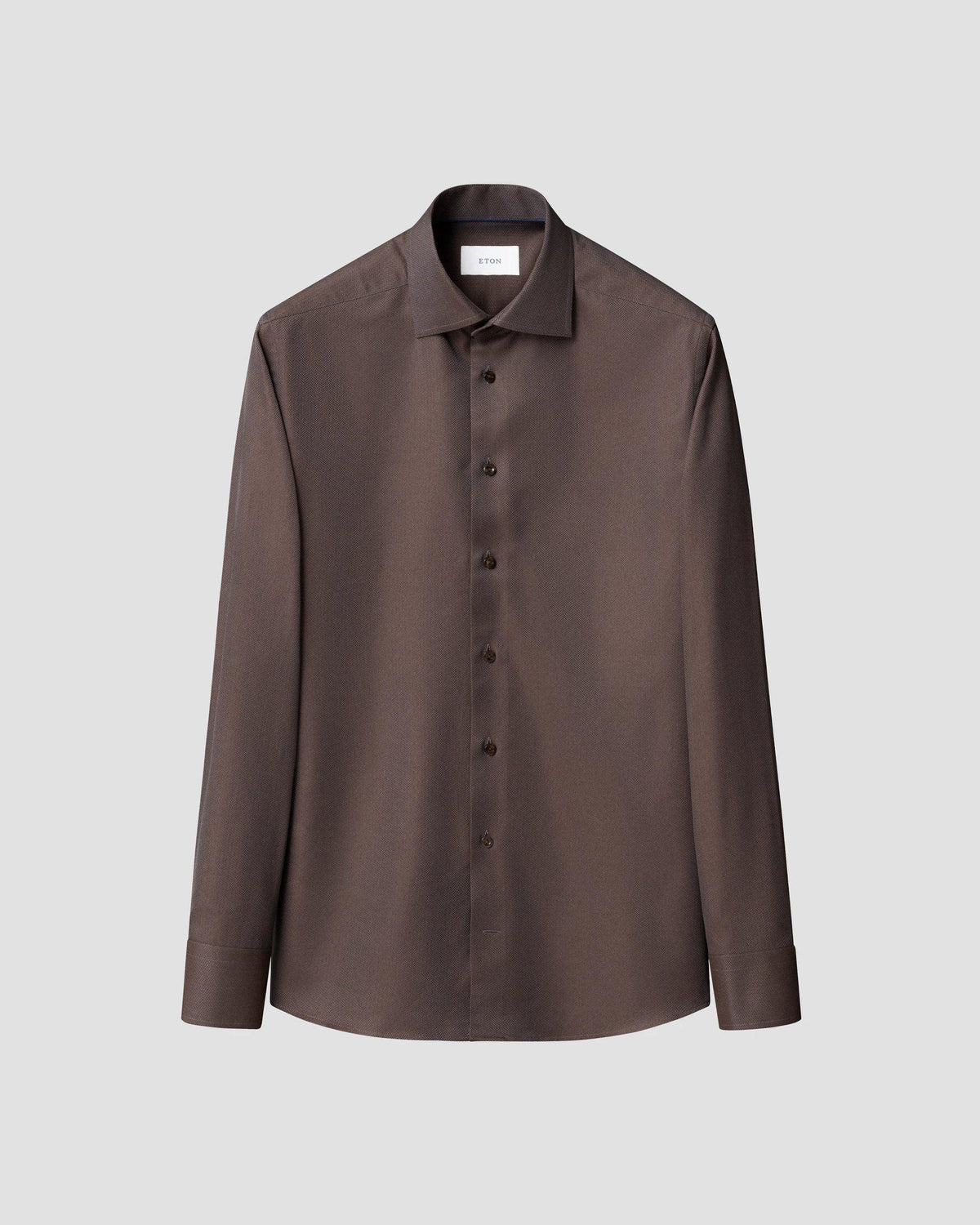 Eton mörkbrun Signature Twill-skjorta i fiskbensmönster Slim