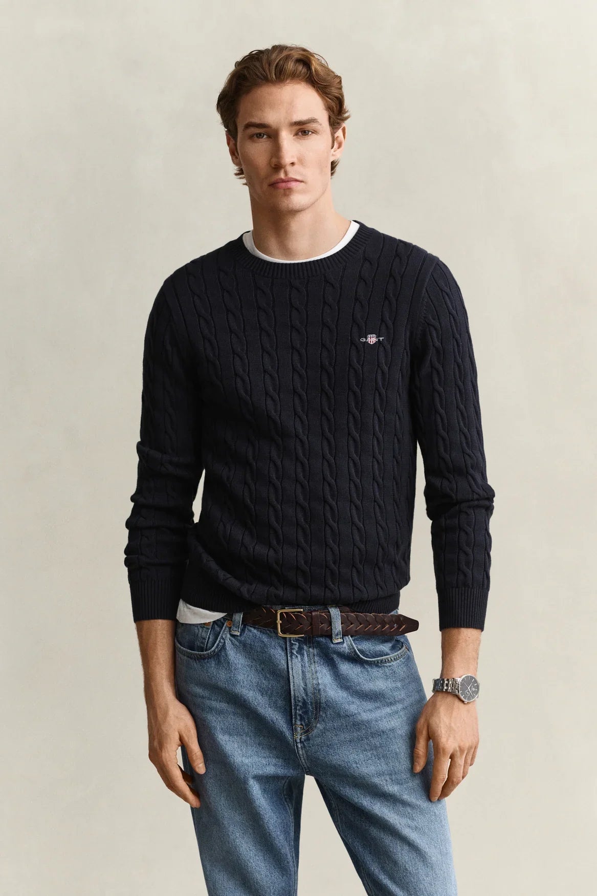 Gant Cotton Cable C-Neck tröja i färgen Evening Blue