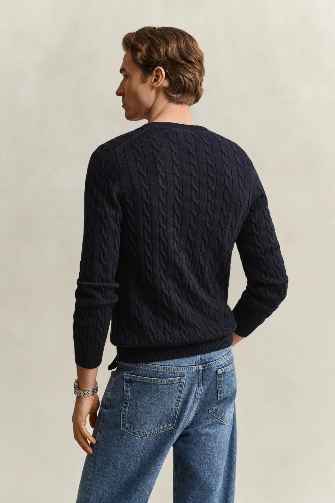 Gant Cotton Cable C-Neck tröja i mörkblå evening blue