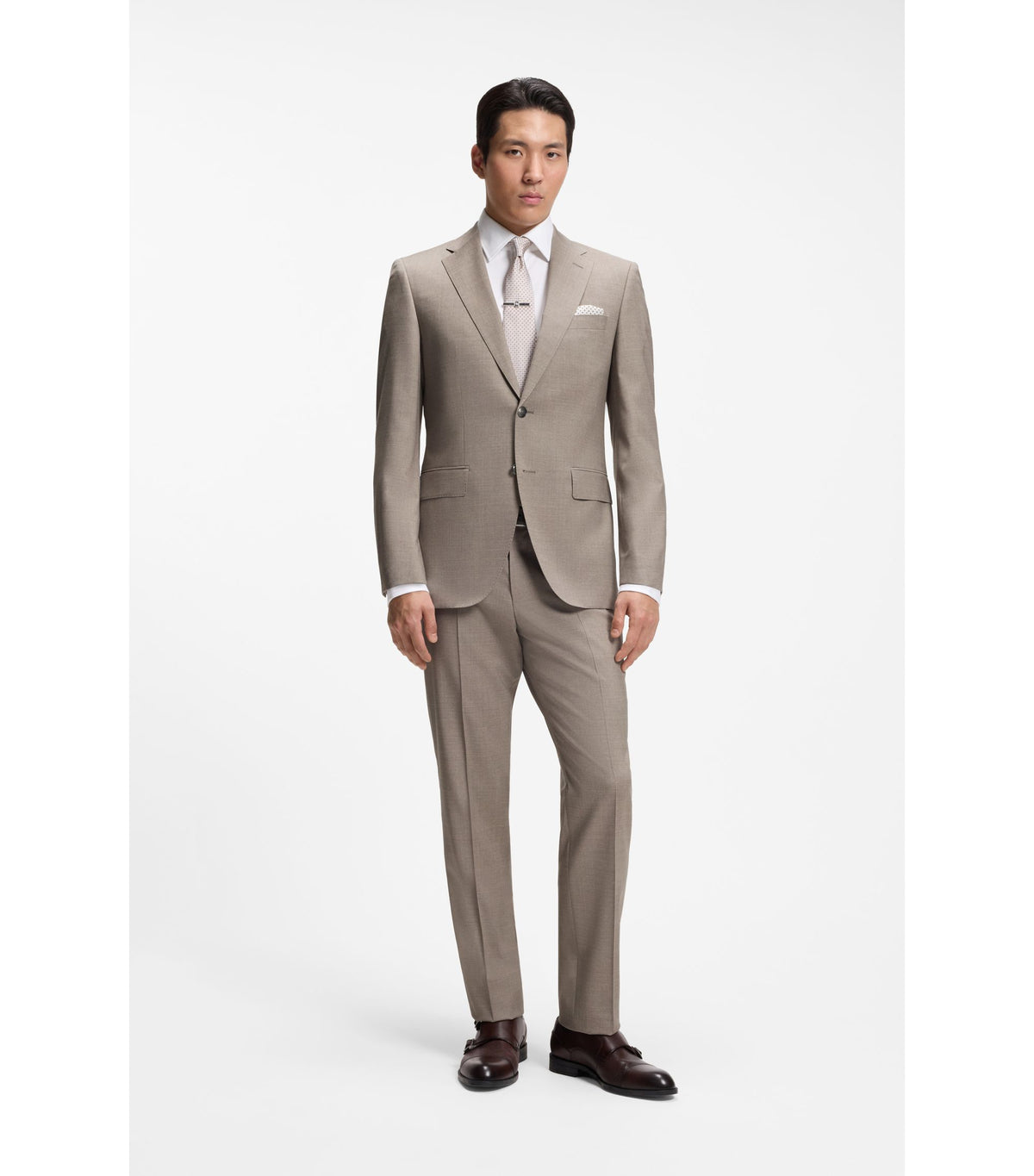 Tvådelad regular fit-kostym i melange av stretchig ull - Beige