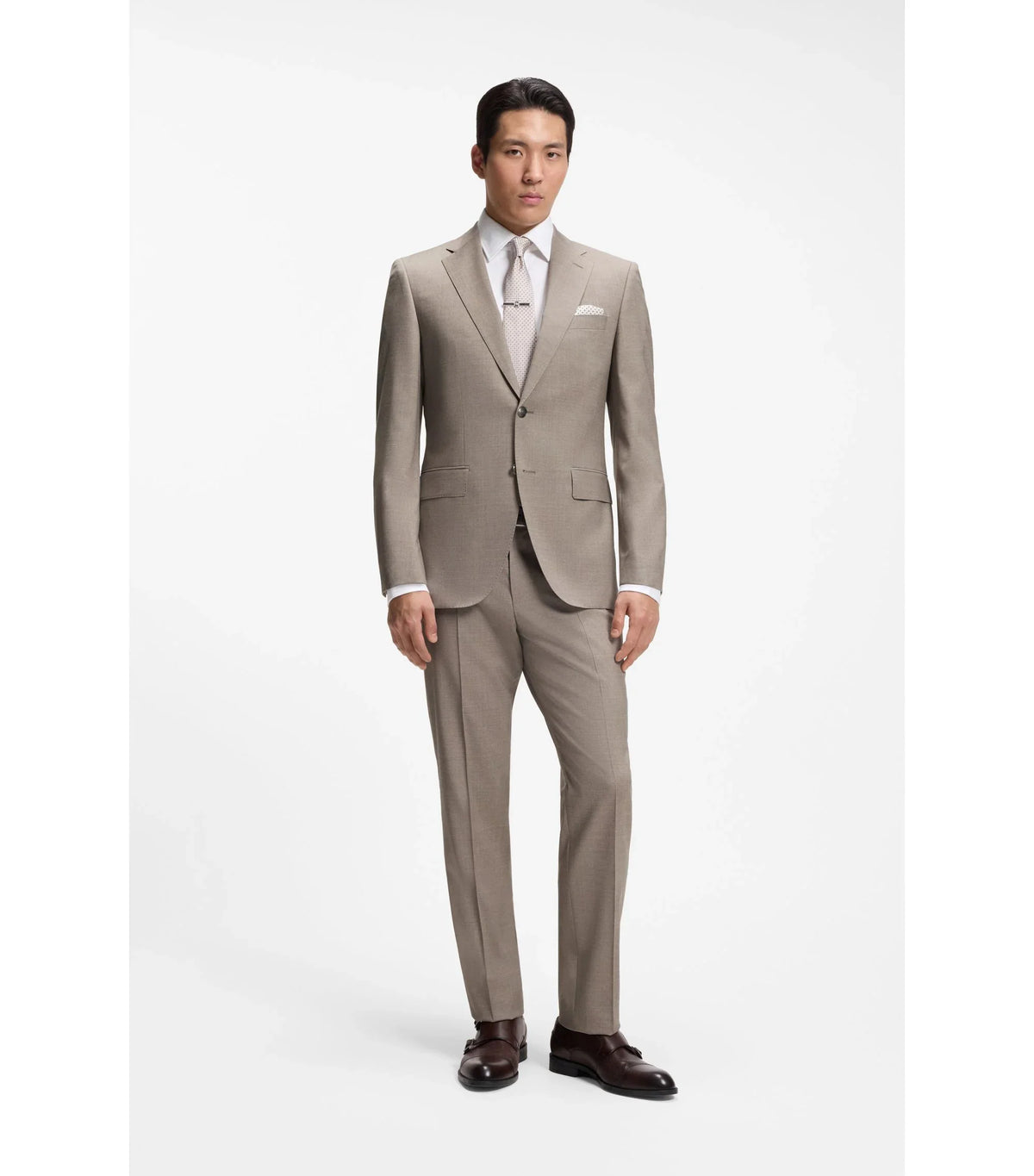 BOSS Black tvådelad regular fit-kostym i beige melange ull