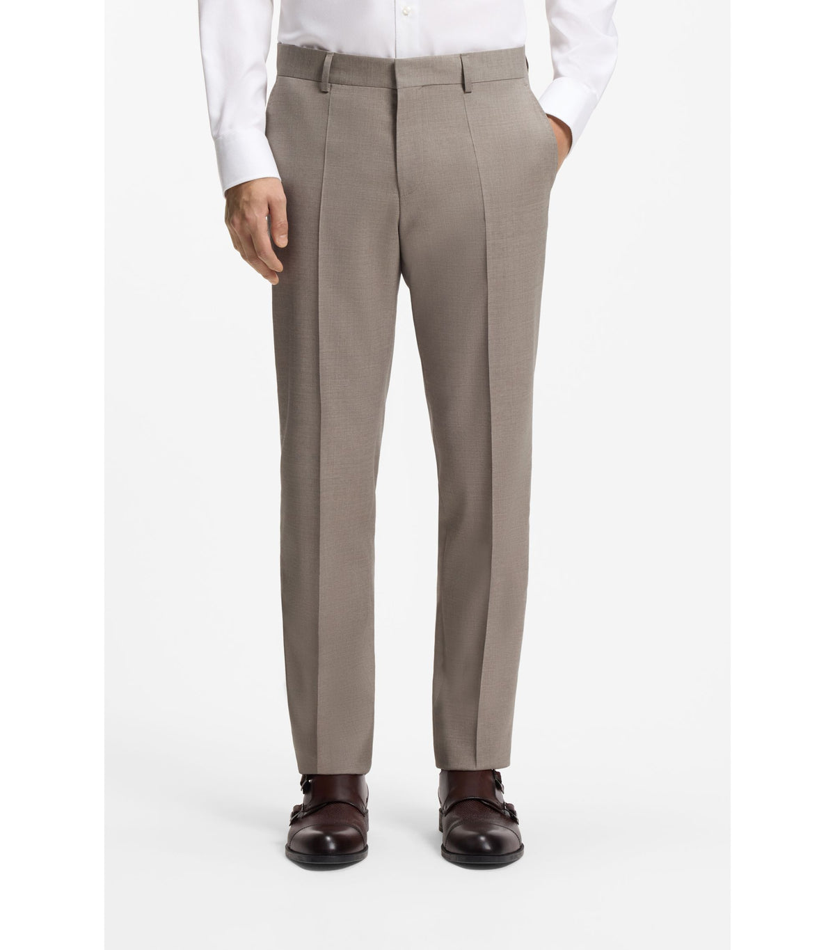 Tvådelad regular fit-kostym i melange av stretchig ull - Beige