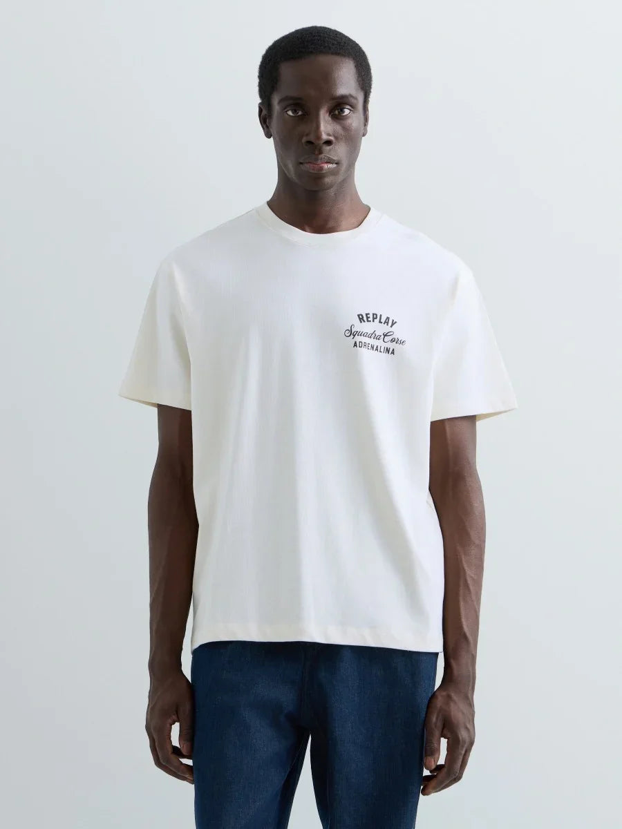 Replay Relaxed fit T-shirt med bikergrafik i färgen Gardenia
