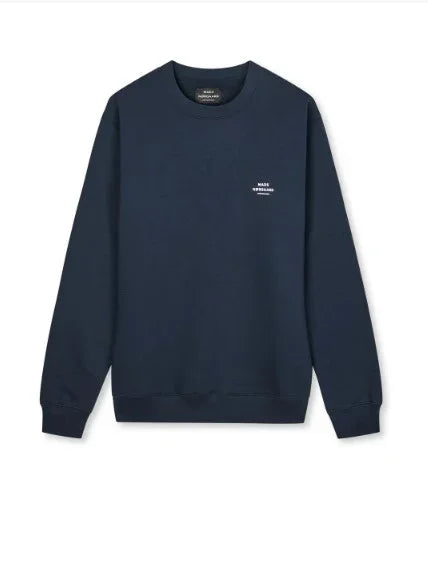 Marinblå herrtröja med rund hals och tryck, klassisk stil, långärmad sweatshirt
