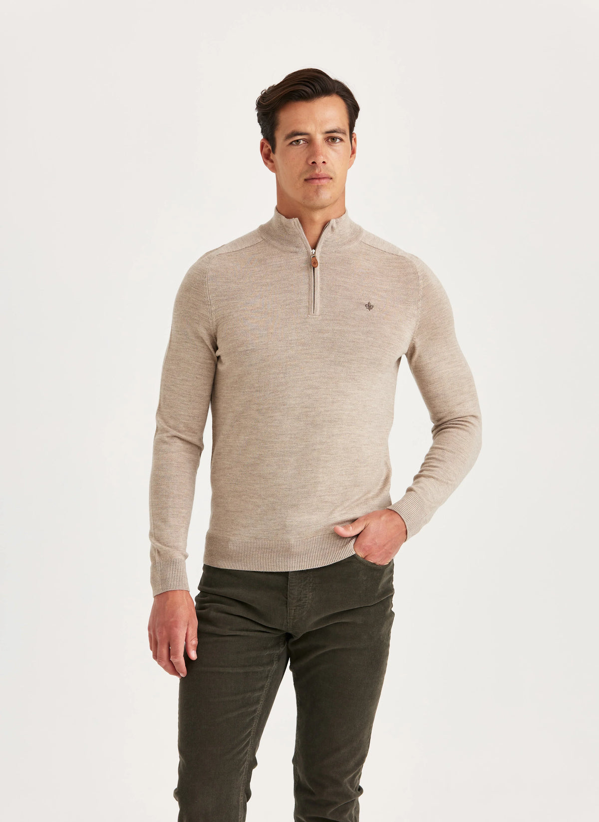 Morris Merino John Zip tröja i färgen khaki