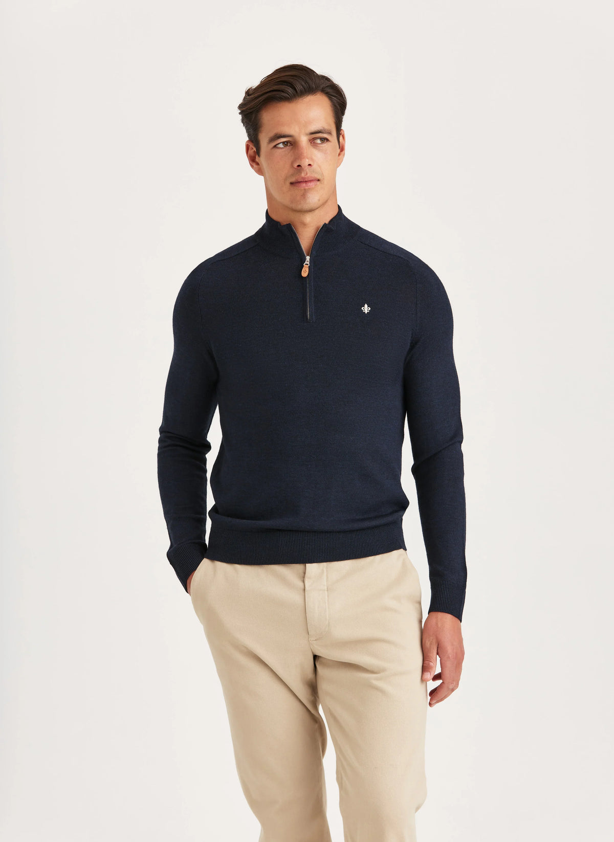 Morris Merino John Zip marinblå tröja med dragkedja