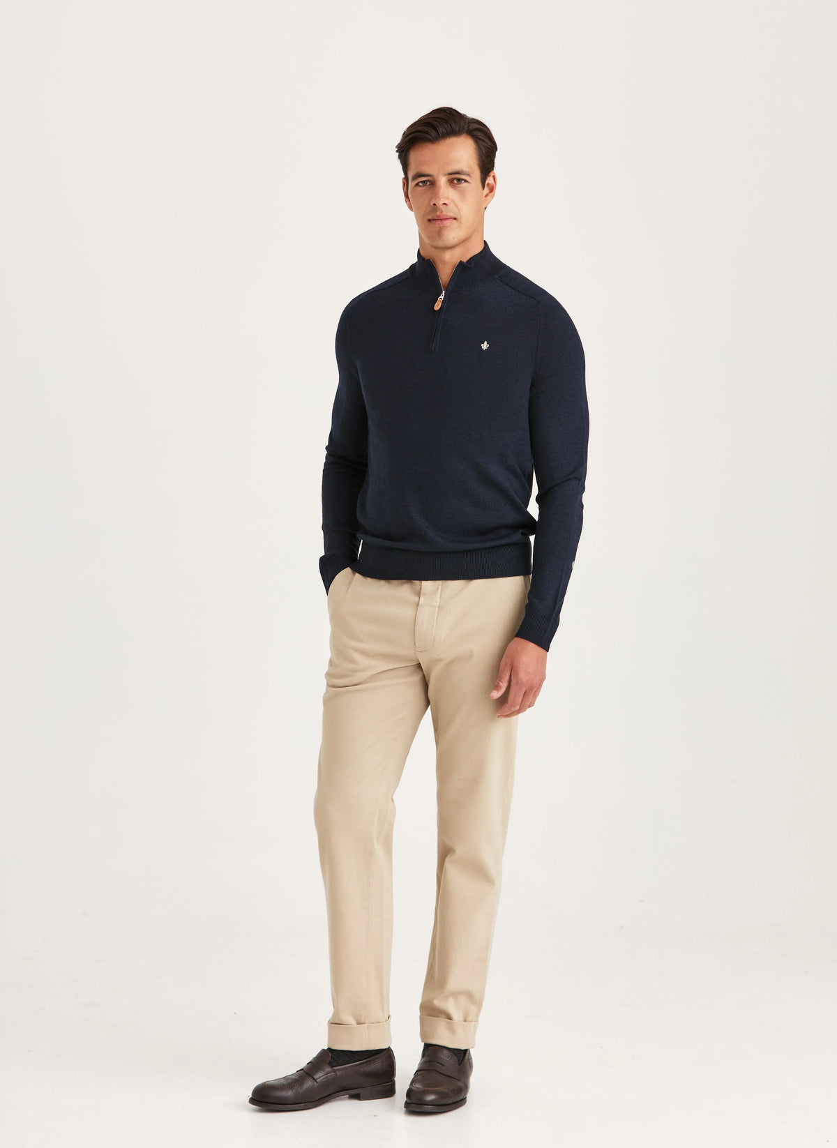 Morris Merino John Zip marinblå stickad tröja med dragkedja