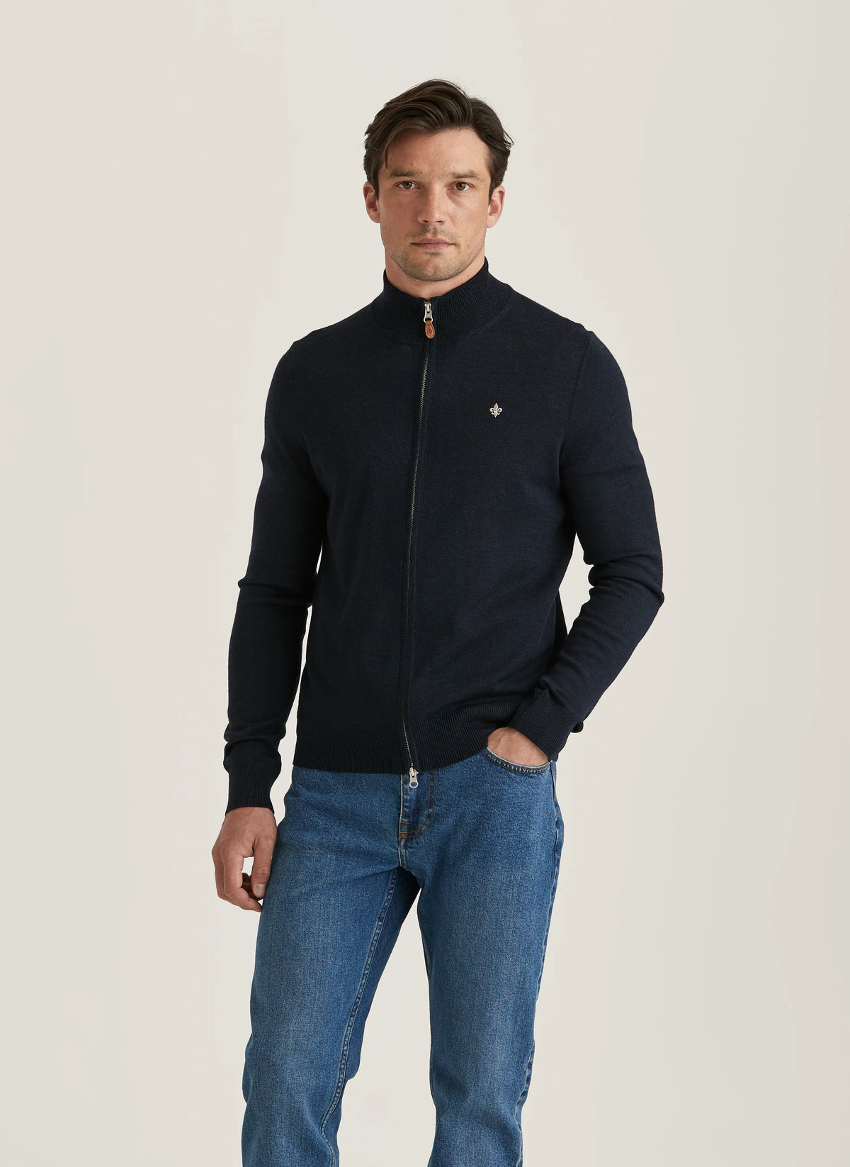 Morris Merino Zip Cardigan i marinblått