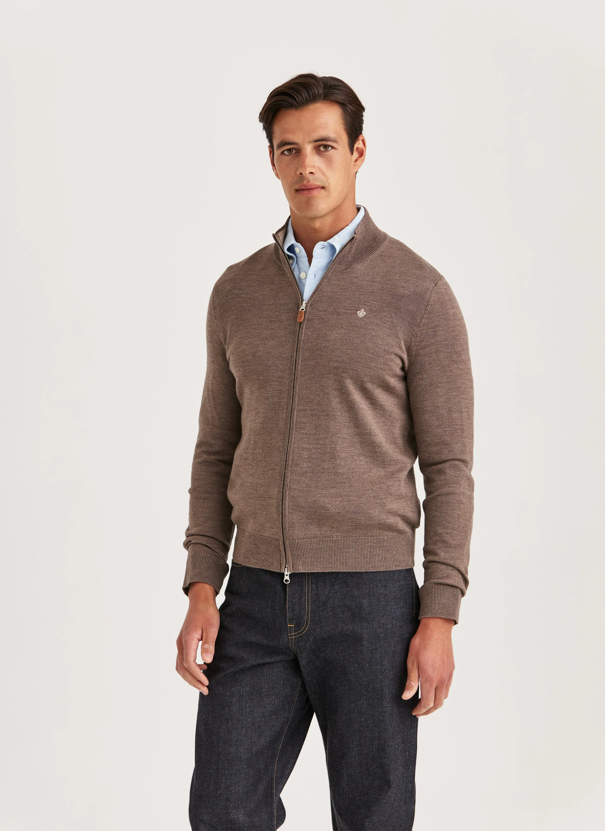 Morris Merino Zip Cardigan i brun färg för herr